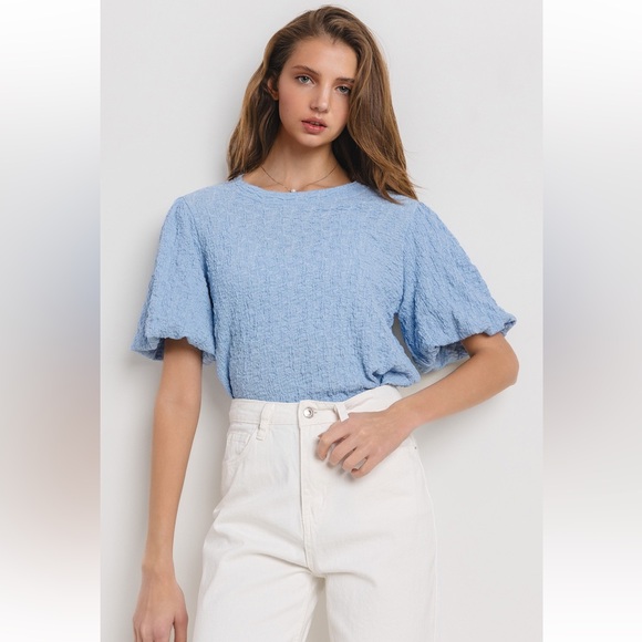 19 Solid Textured Puff Sleeve Blouse Top - Picture 4 of 6